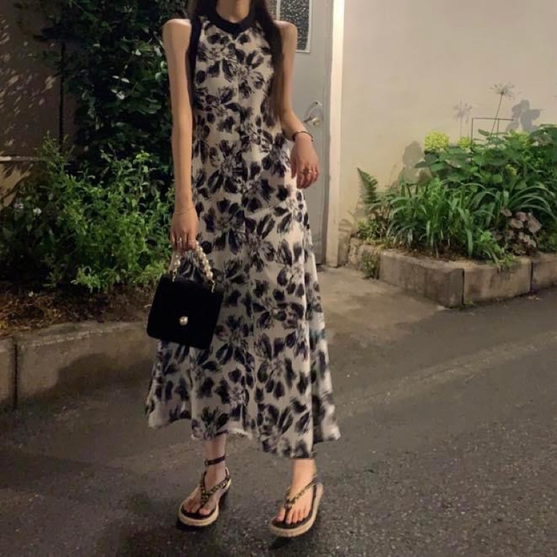 Đầm yếm maxi dài nữ dáng suông phối voan hoa nhí tiểu thư - Order taobao quảng châu