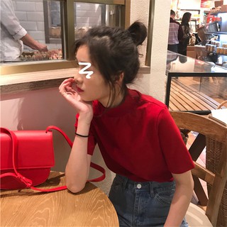 (HÀNG SẴN) Áo thun nữ cộc tay cổ cao màu đỏ/đen đơn giản xuân hè (KÈM ẢNH THẬT SHOP CHỤP)