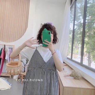 Set đầm caro cổ v xẻ trắng đen ulzzang basic set yếm váy caro 3 tầng cổ v - váy yếm maxi 2 dây kẻ đen
