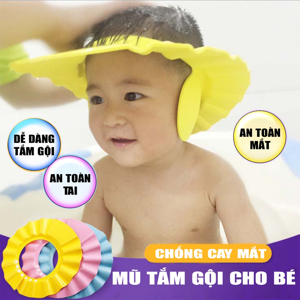 Mũ gội đầu chắn nước em bé che tai chống cay mắt thông minh Đồ dùng cho