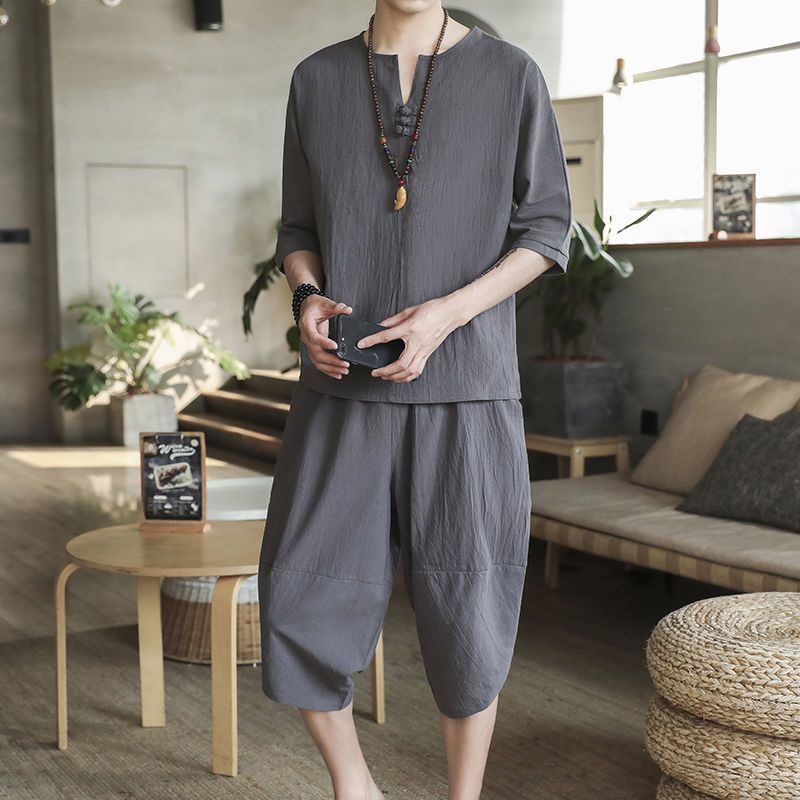 Bộ Đồ Hán Phục Tay Ngắn Bằng Vải Lanh Cotton Thời Trang Mùa Hè Cho Nam