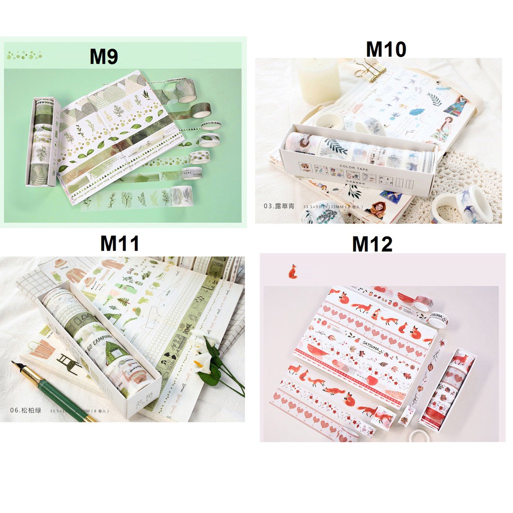 [Mã LIFEBOOK2 giảm 10% đơn 0Đ] Set 8 Cuộn Băng Dính Washi Tape Trang Trí Scrapbook, Planner