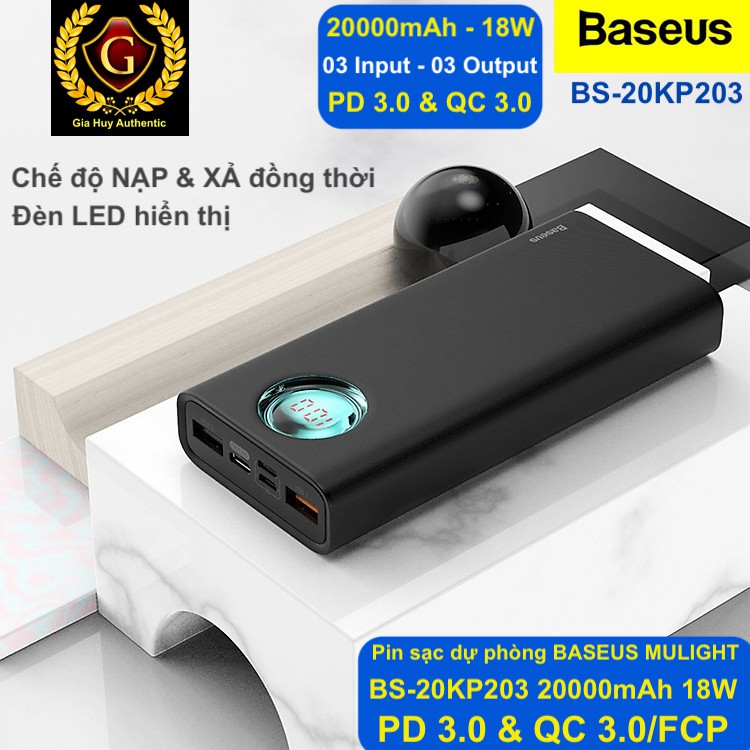 Pin sạc dự phòng BASEUS BS-20KP203 MULIGHT 20000mAh PD 3.0 &amp; QC 3.0 18W (3 cách Input &amp; 3 Output )