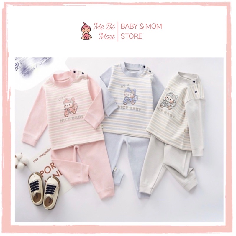 Bộ Cotton Nỉ Dài Tay Cao Cổ Thu Đông Bo Gấu Hoạ Tiết Đáng Yêu Dày Dặn Mềm Mại Cho Bé