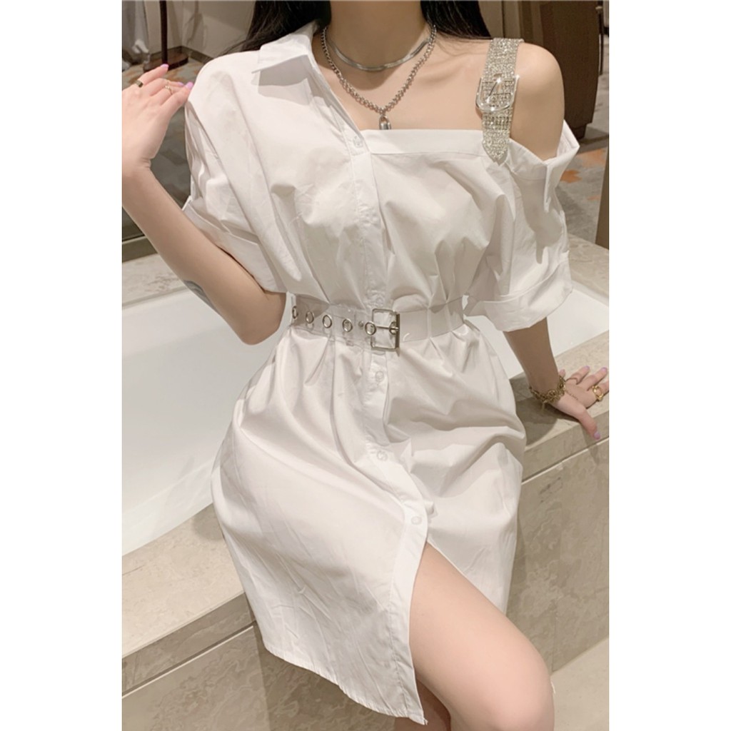 (HÀNG CÓ SẴN )Đầm sơ mi vai đá kèm belt trong suốt | BigBuy360 - bigbuy360.vn