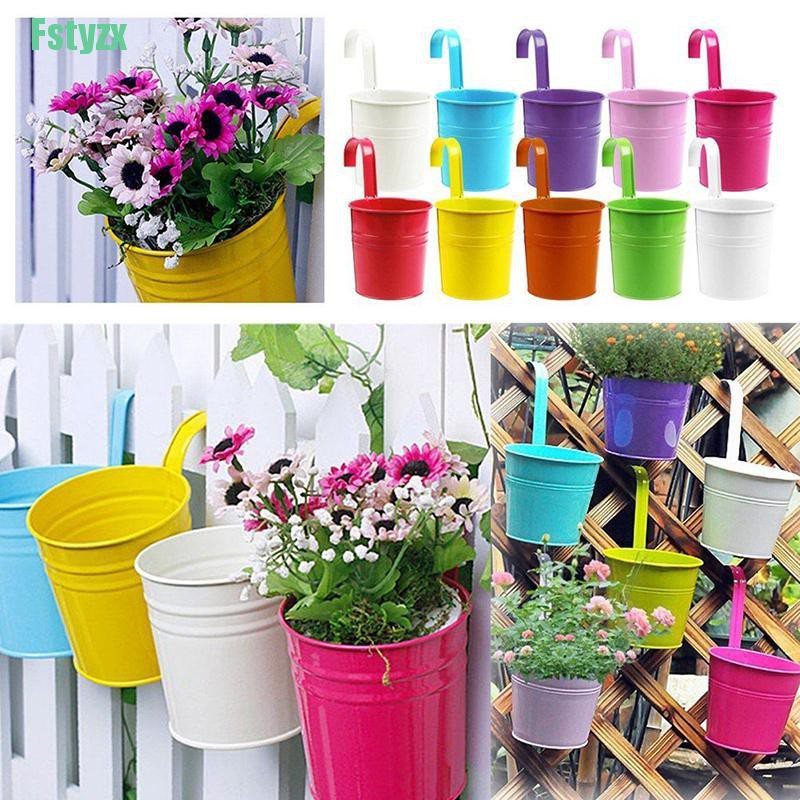 fstyzx Cute Metal Iron Flower Pot Hanging Vase Bucket Balcony Garden Planter Home Decor