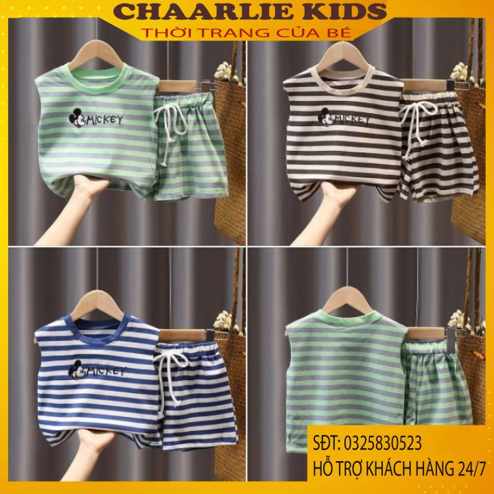Bộ Quần Áo Ba Lỗ Cotton Kẻ Cho Bé Trai Và Bé Gái Hình Mickey Từ 8 -28Kg Chaarlie Kids Quần Áo Trẻ Em