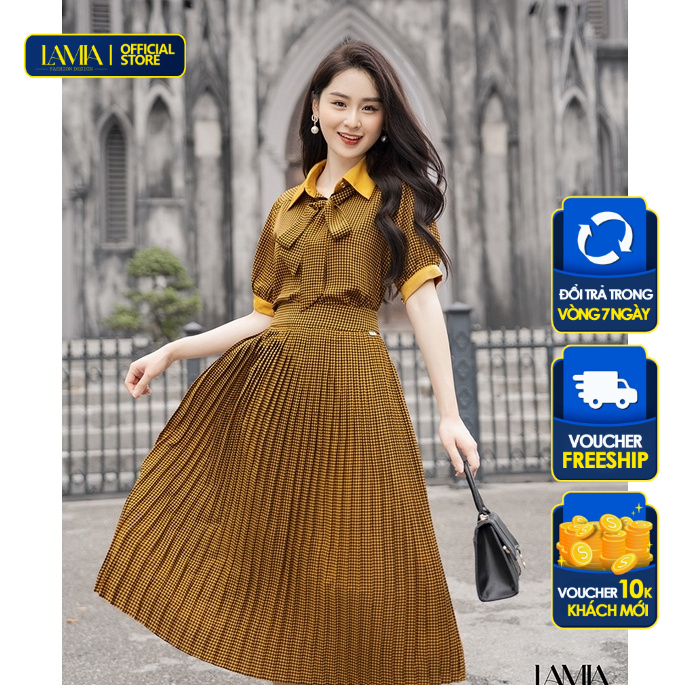 Set sơ mi nữ hè Lamia Design SET004 kẻ nâu đen phối nơ