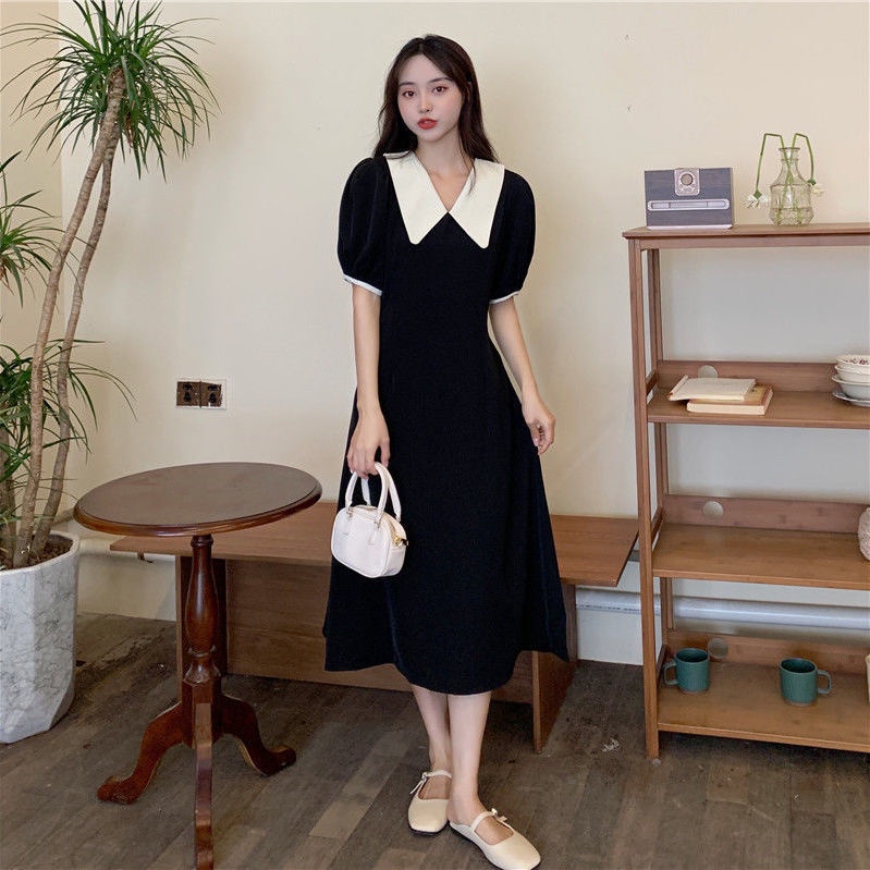 Đầm Tay Phồng Cổ Bẻ Màu Sắc Tương Phản Phong Cách Hàn Quốc Thời Trang Mùa Hè Xinh Xắn Cho Nữ