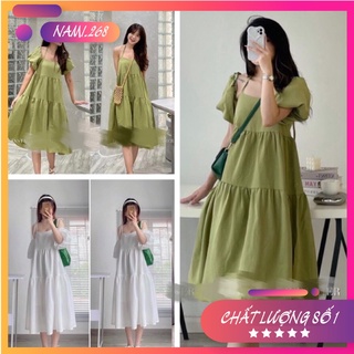 Váy Hai Dây Đũi Buộc Nơ Tay Bồng Trễ vai❤️Đầm Maxi 2 Tầng Dài Rộng Đi Biển( Hàng sẵn)