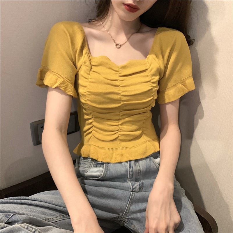 Áo Croptop Tay Ngắn Thiết Kế Đơn Giản Phong Cách Retro