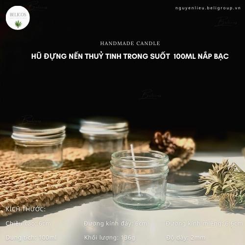 Cốc đựng nến thơm 100ml nắp bạc - Hũ thuỷ tinh trong suốt
