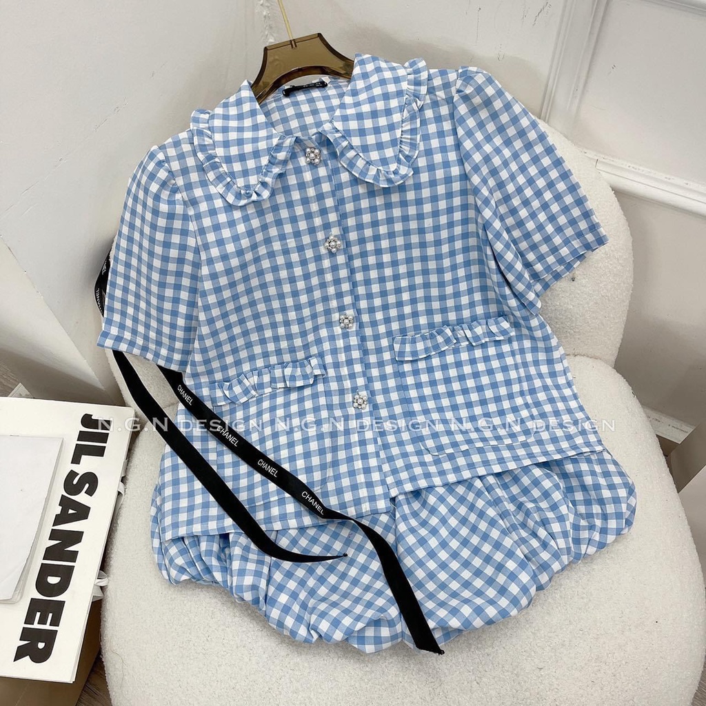 Set bèo kẻ xanh quần boom