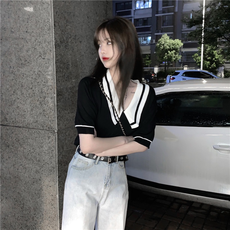 Áo dệt kim ZHELIHANGFEI tay ngắn cổ búp bê màu tương phản phong cách phương Tây thời trang mùa hè 2022 cho nữ