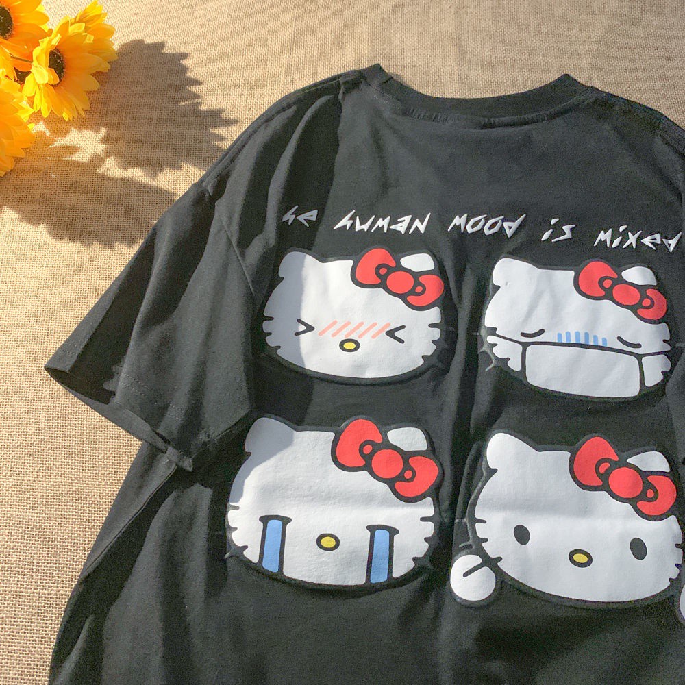 100% cotton Áo thun tay ngắn in hình Hello Kitty hoạt hình phong cách Nhật Bản thời trang mùa hè dành cho nữ 2023