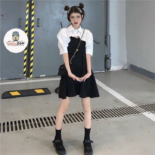 Set áo croptop sơ mi bèo trắng dài tay mix váy 2 dây xòe thời trang nữ cá tính - CUTEZOO