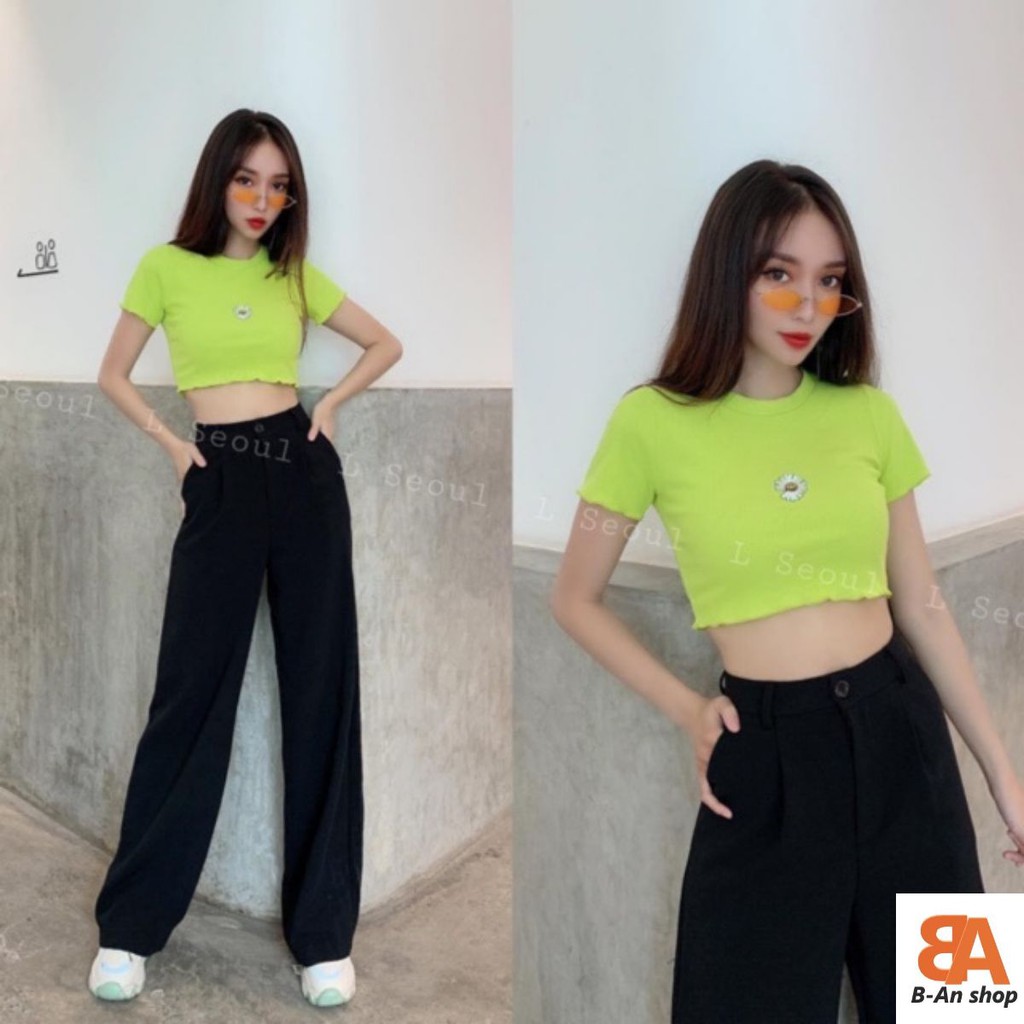 Áo croptop thun gân 4 chiều in hoa (Video)
