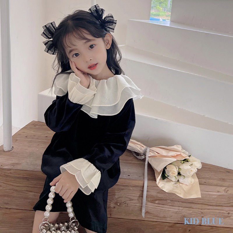 Đầm Nhung Dài Tay Hai Lớp Cổ Búp Bê Thời Trang Hàn Quốc Cho Bé Gái