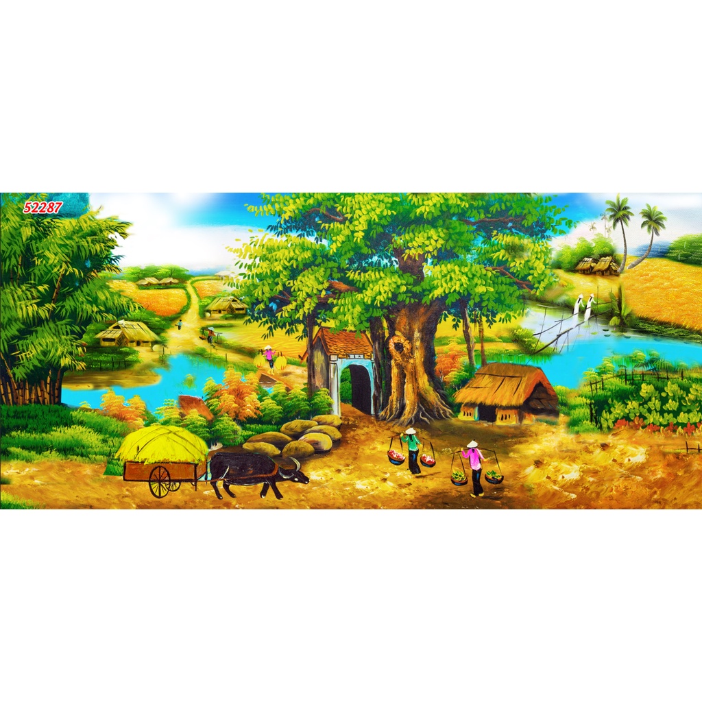 Tranh Đồng Quê Việt Nam Lụa 3D Cao Cấp Dán Tường không phai màu, chống thấm tốt