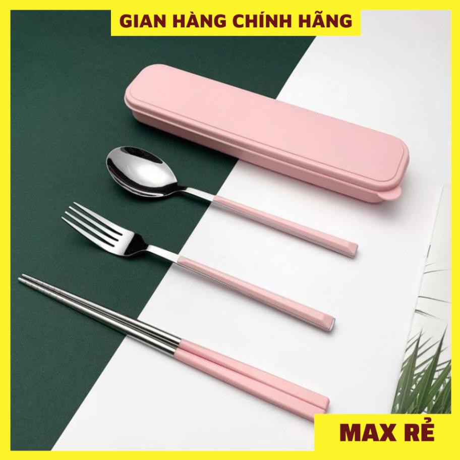 Bộ 3 MUỖNG ĐŨA NĨA INOX304 cá nhân có hộp đựng cao cấp- Hộp thìa dĩa văn phòng, du lịch tiện dụng, Màu Pastel!