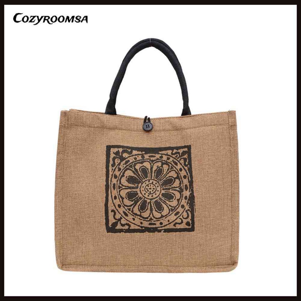 Túi Xách Tay Cỡ Lớn In Họa Tiết Mandala Phong Cách Vintage - Túi Cói Du Lịch Phông Cách Hàn Quốc