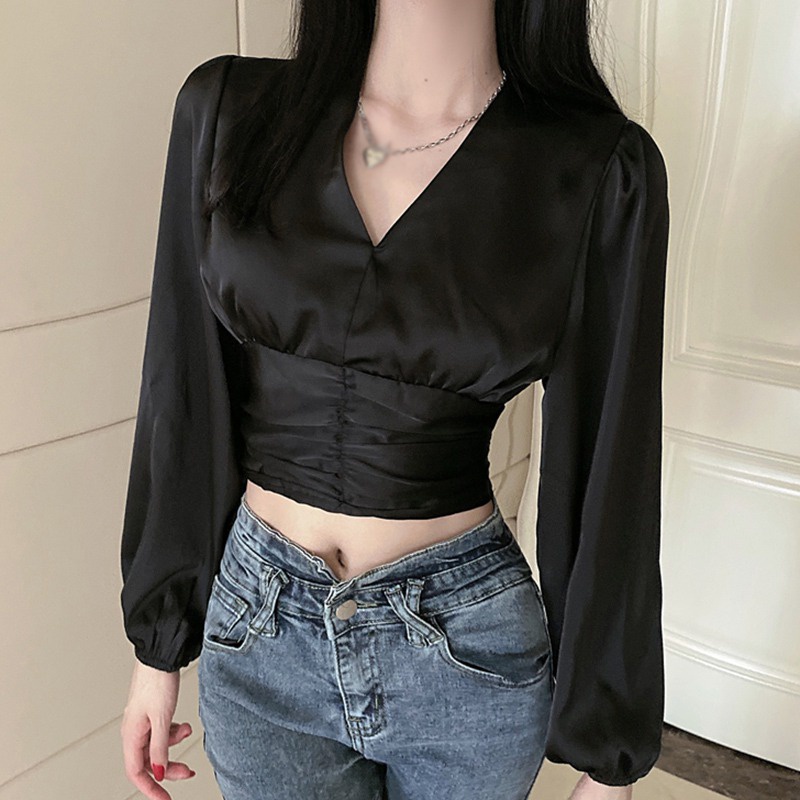 Áo Croptop Tay Dài Cổ Chữ V Màu Sắc Đơn Giản Phong Cách Hàn Quốc Quyến Rũ Cho Nữ