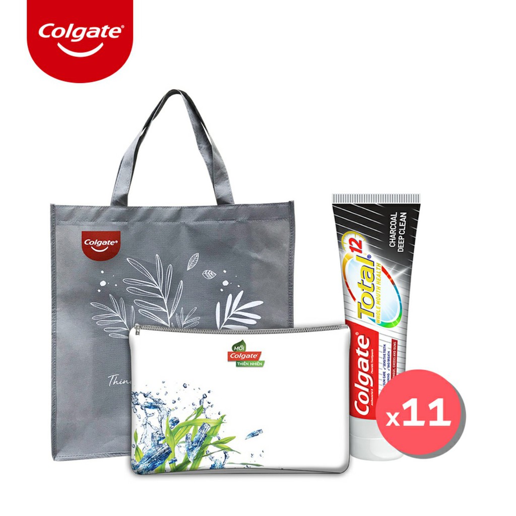 [HB Gift] Combo Bộ 11 Kem đánh răng Colgate Total than hoạt tính 35g/tuýp + 1 túi tote + 1 túi cầm tay thiên nhiên