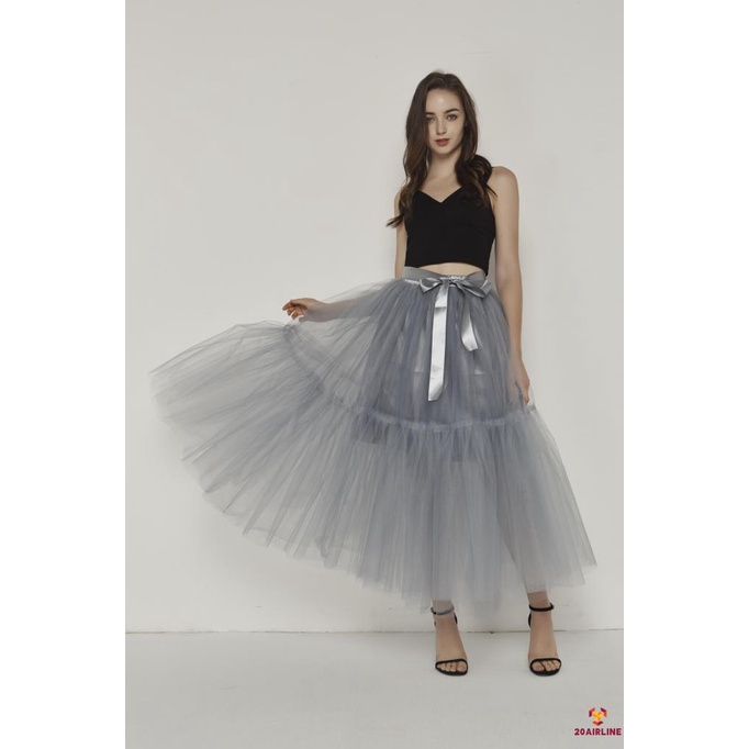 Chân váy dài bằng vải tulle lưng thun co giãn màu trơn thời trang cho nữ