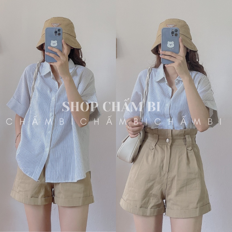 [Mã 99FASHIONSALE1 giảm 10K đơn 50K] Áo sơ mi tay ngắn A.238, Áo sơ mi sọc nhỏ xẻ lưng 6 màu cực xinh