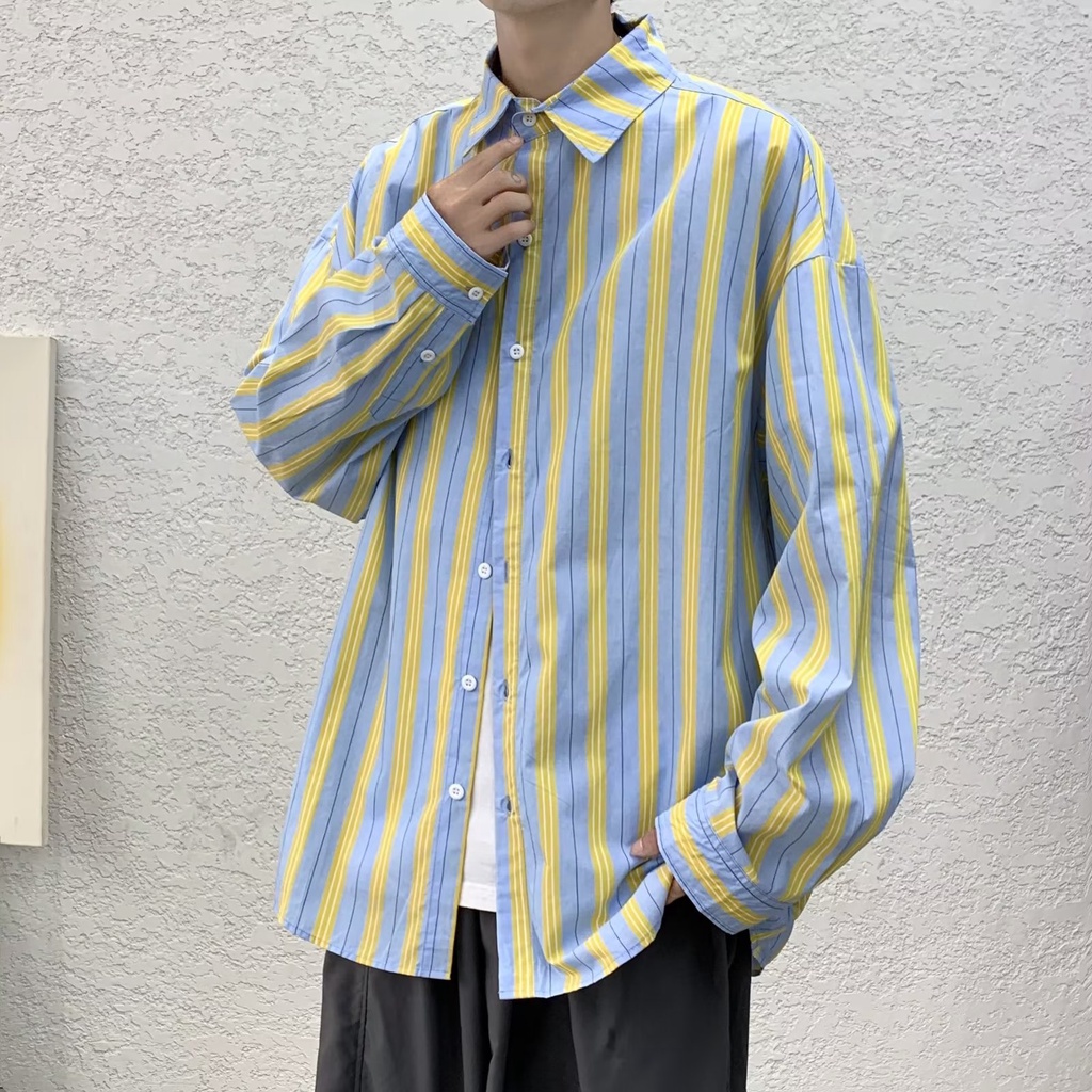 Áo Sơ Mi Nam Dài Tay Dáng Rộng Họa Tiết Sọc Dọc Màu Tương Phản Thời Trang