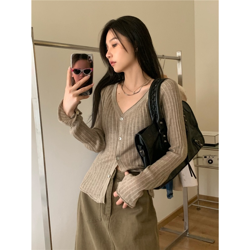 Áo Khoác Cardigan Dệt Kim Cổ Chữ V Màu Sắc Đơn Giản Cho Nữ