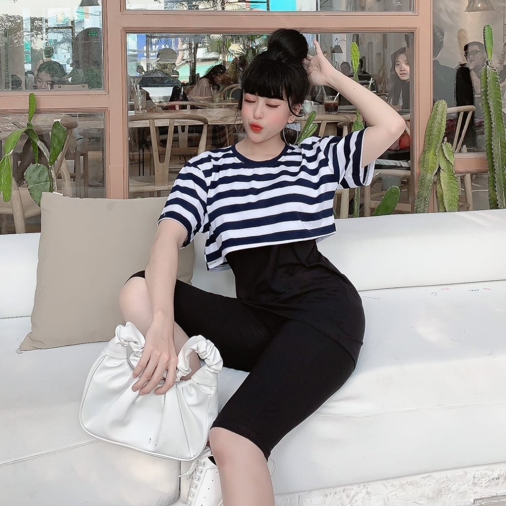 Đồ Bộ Nữ TS03331 Đồ Bộ Mặc Nhà Chất Cotton 100% Co Dãn Đanh Mịn Quần Ngố Lửng Phối Áo Croptop Sọc Ngang Size 40KG - 80KG | BigBuy360 - bigbuy360.vn