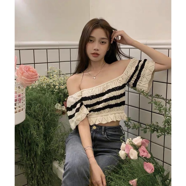 MS720 Áo crotop nữ len đan móc kẻ ngang dày dặn