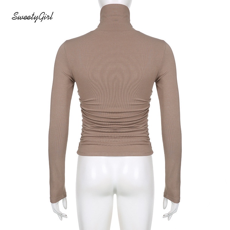 Áo Thun Kaki Tay Dài Cổ Cao Màu Trơn Dáng Ôm Thời Trang 2022 Dành Cho Bạn Nữ