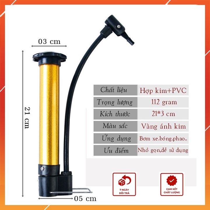 Bơm Bóng,Bơm Cột Khí Gói Hàng Chống Sốc Mini Cầm Tay Thân Bằng Kim Loại 21cm Chắc Chắn