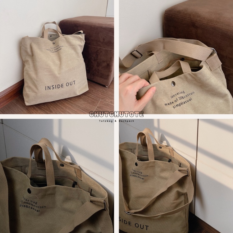 T331/ Túi INSIDE OUT phong cách thời trang vintage Hàn Quốc vải canvas siêu dày dặn phom dáng to