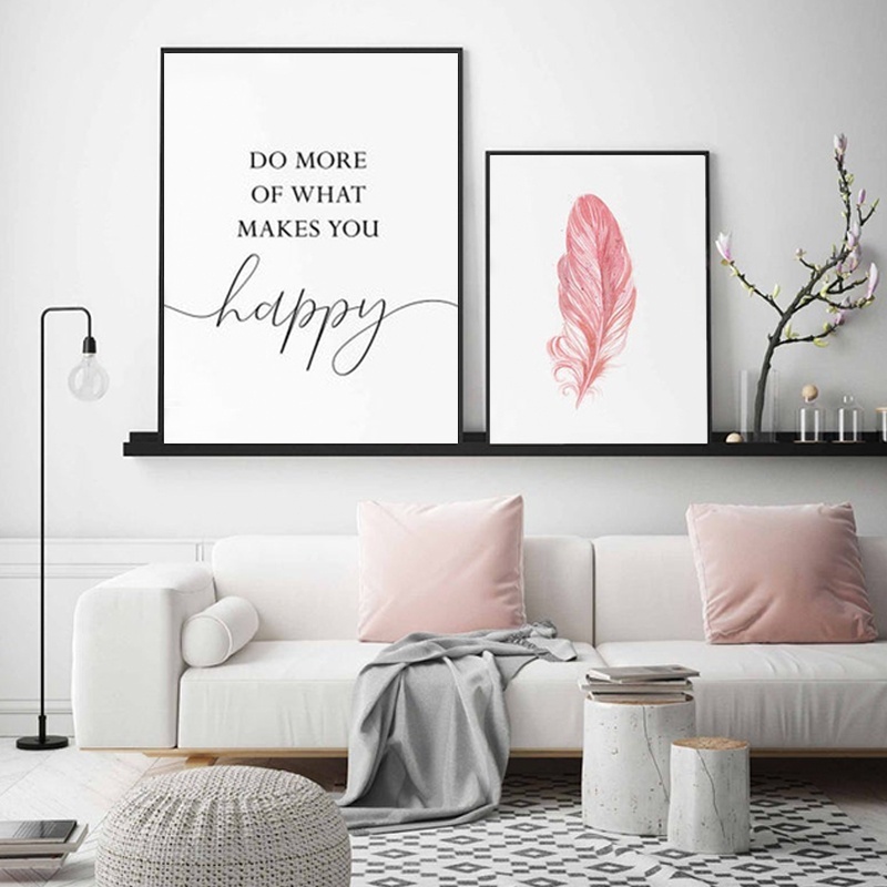 Tranh Vải Bạt Treo Tường In Hình Lông Vũ Màu Hồng Phong Cách Bắc Âu Trang Trí Nhà Cửa