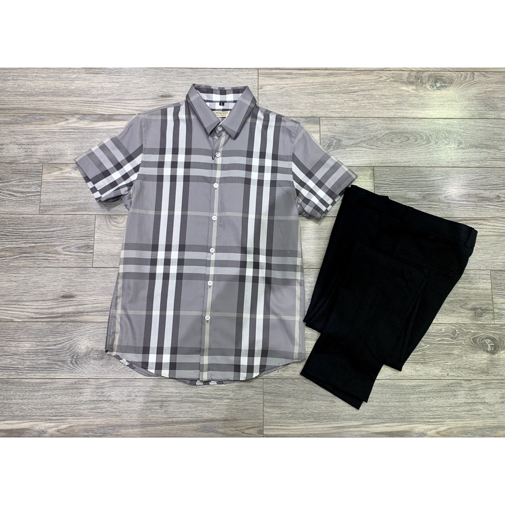 Áo sơ mi BBR ngắn tay họa tiết kẻ nhỏ chất cotton xịn màu ghi sáng