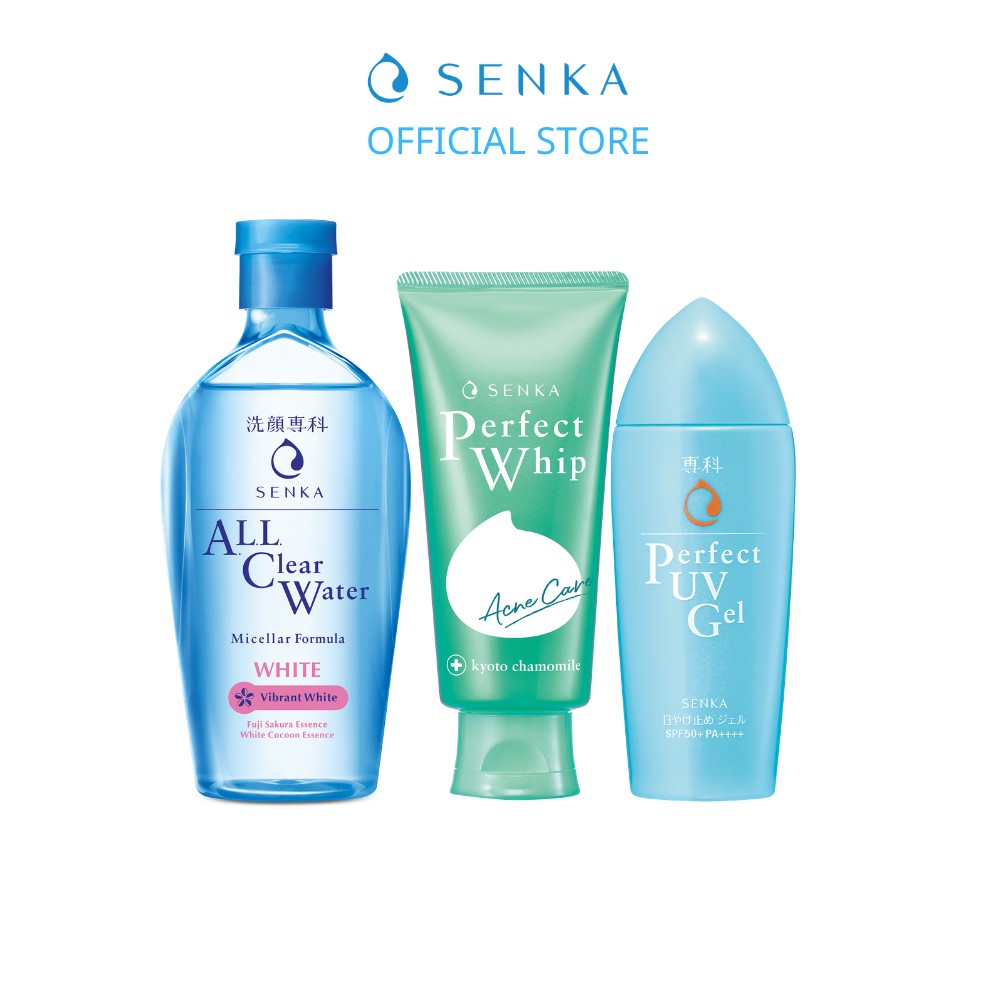 Combo Senka Làm Sạch Chống Nắng Ẩm Mịn (Water White 230ml + SRM Acne 100g + Perfect UV Gel 80ml)