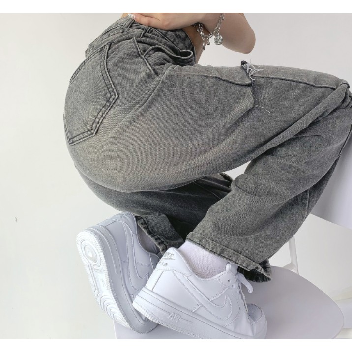 Quần Jean Dài Ống Rộng Rách Gối Màu Khói Phong Cách Âu Mỹ Thời Trang Mùa Hè Mới Cho Nữ 2021