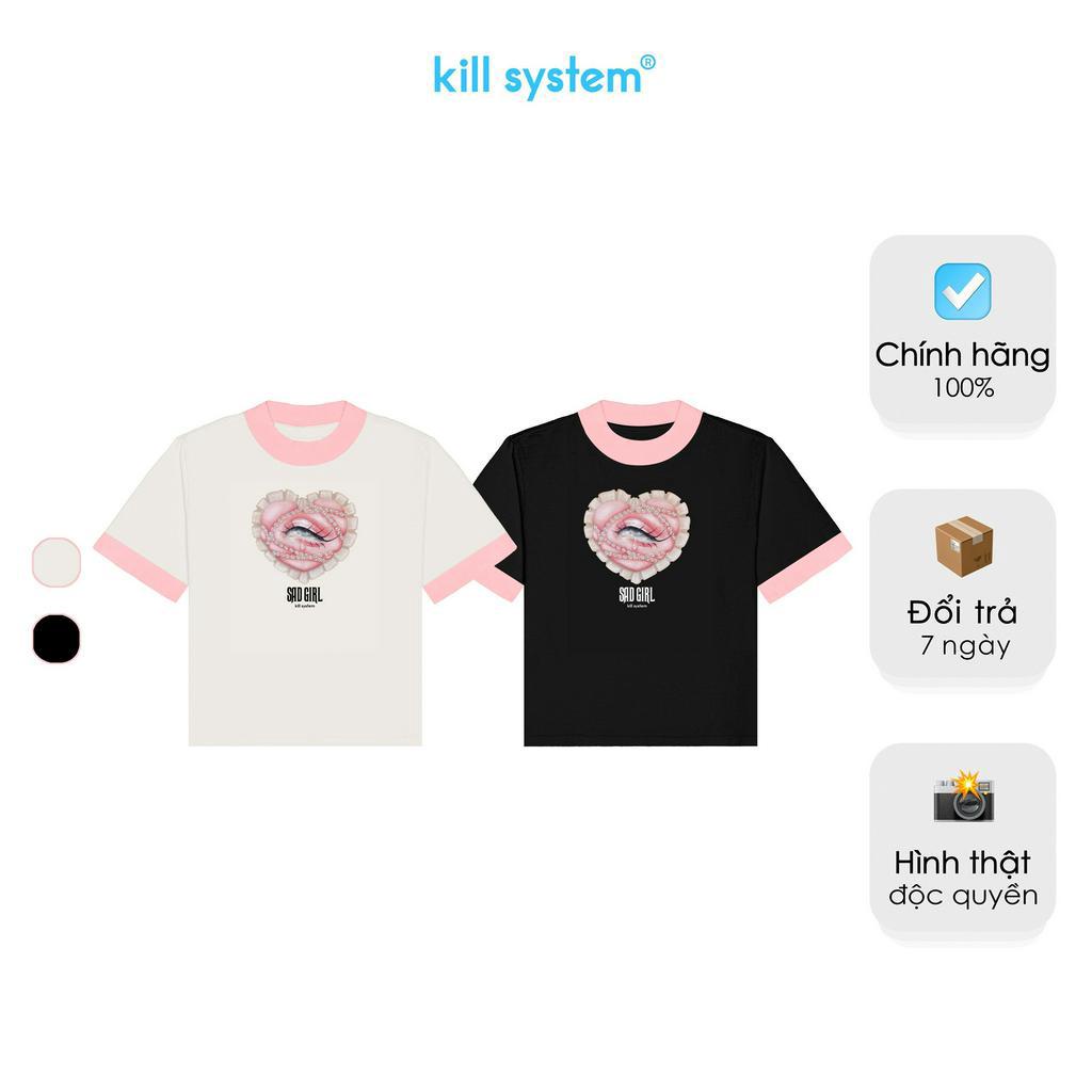 Áo thun Kill System form fit Sad girl màu kem hồng viền tay chất vải cotton