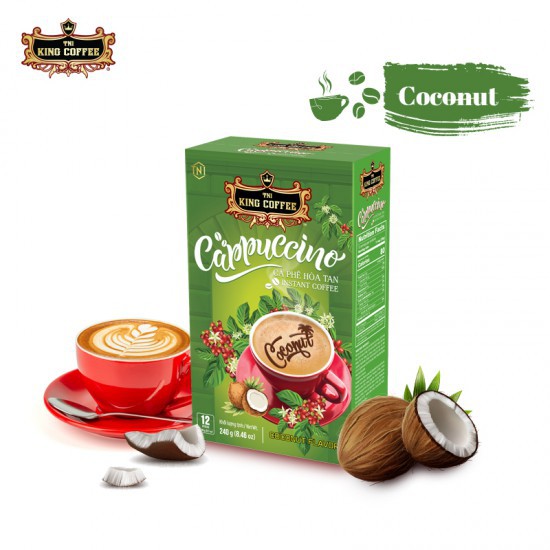 CÀ PHÊ HÒA TAN CAPPUCCINO HƯƠNG DỪA KING COFFEE - HỘP 12 GÓI X 20G