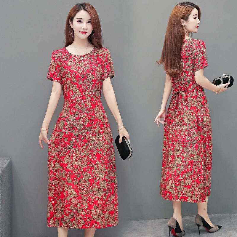 đầm thời trangBà mẹ trung niên váy lụa cotton cỡ lớn mùa hè quý phái rayon ngắn tay hoa cho người và cao tuổi d