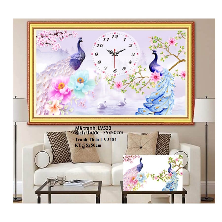 Tranh đính đá đồng hồ chim công KT:75x50cm,tranh gắn đá chưa đính.