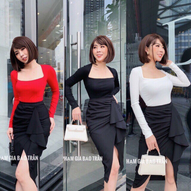 Áo croptop cổ vuông tay dài tối giản