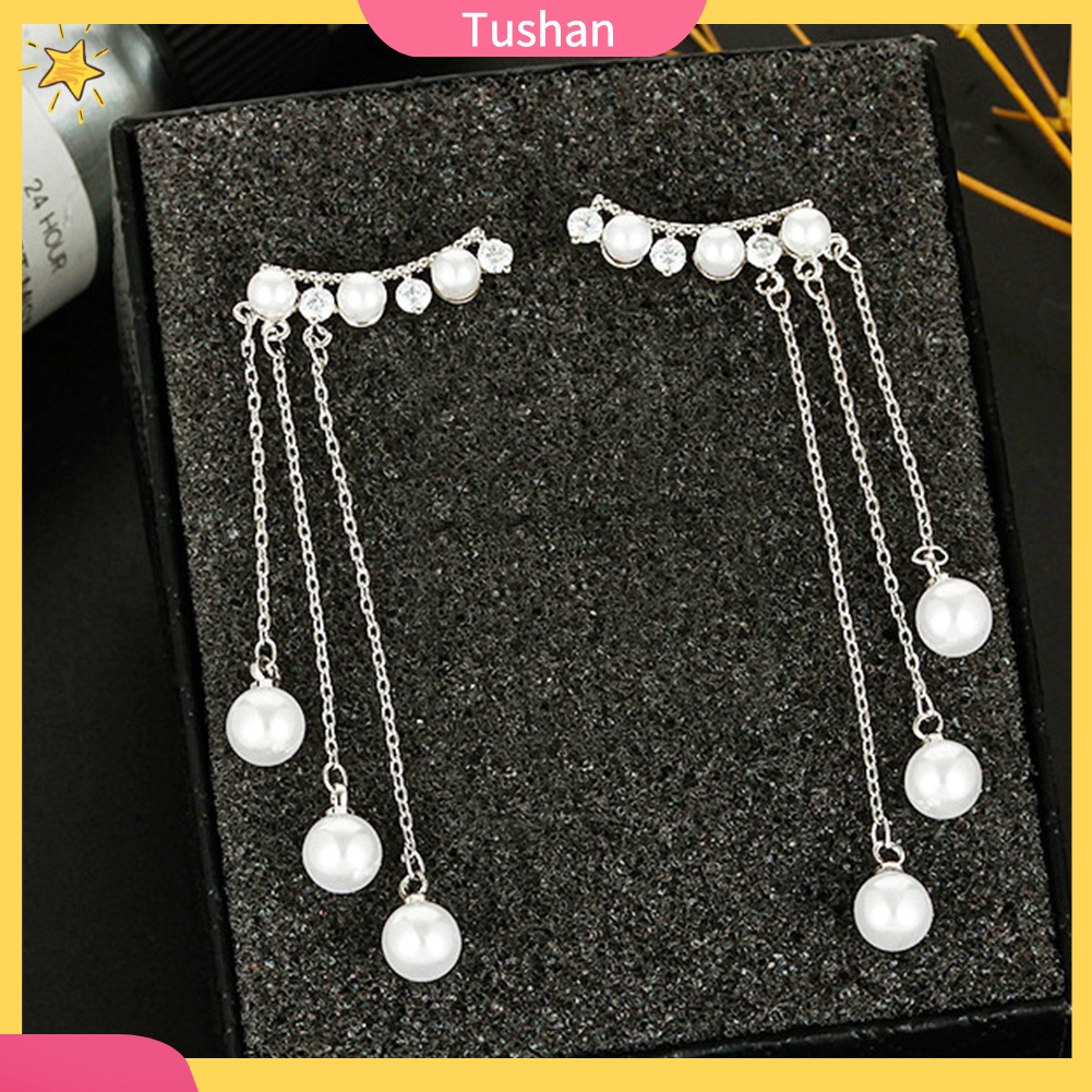 TUSH Women Faux Pearls Inlaid Chain Tassel Dangle Ear Jackets Earrings Jewelry Gift