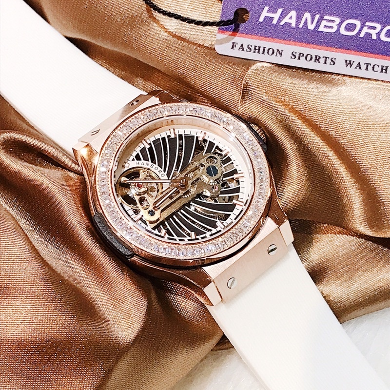 Đồng hồ nữ Hanboro máy lộ đáy dây silicone