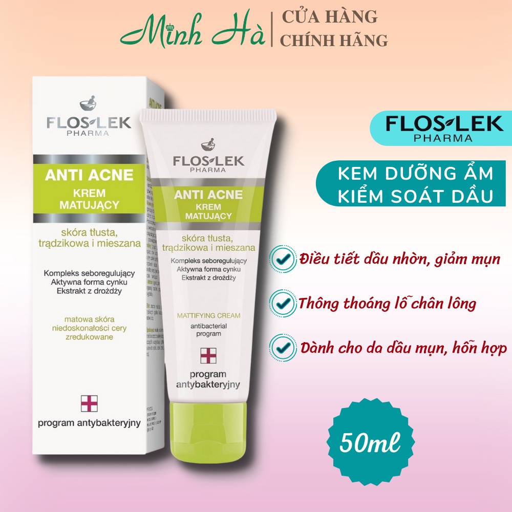 Kem dưỡng Floslek Anti Acne Mattifying Cream 50ml dưỡng ẩm, kiểm soát bã nhờn và hỗ trợ giảm mụn