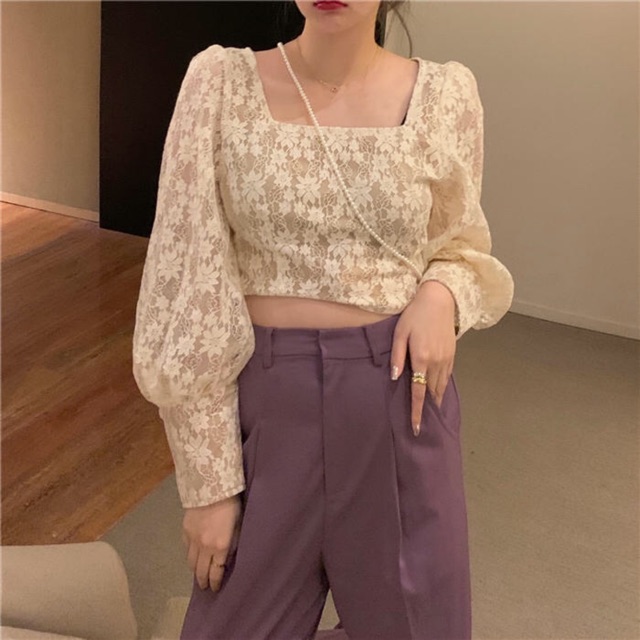 Áo croptop tay bồng ren tiểu thư