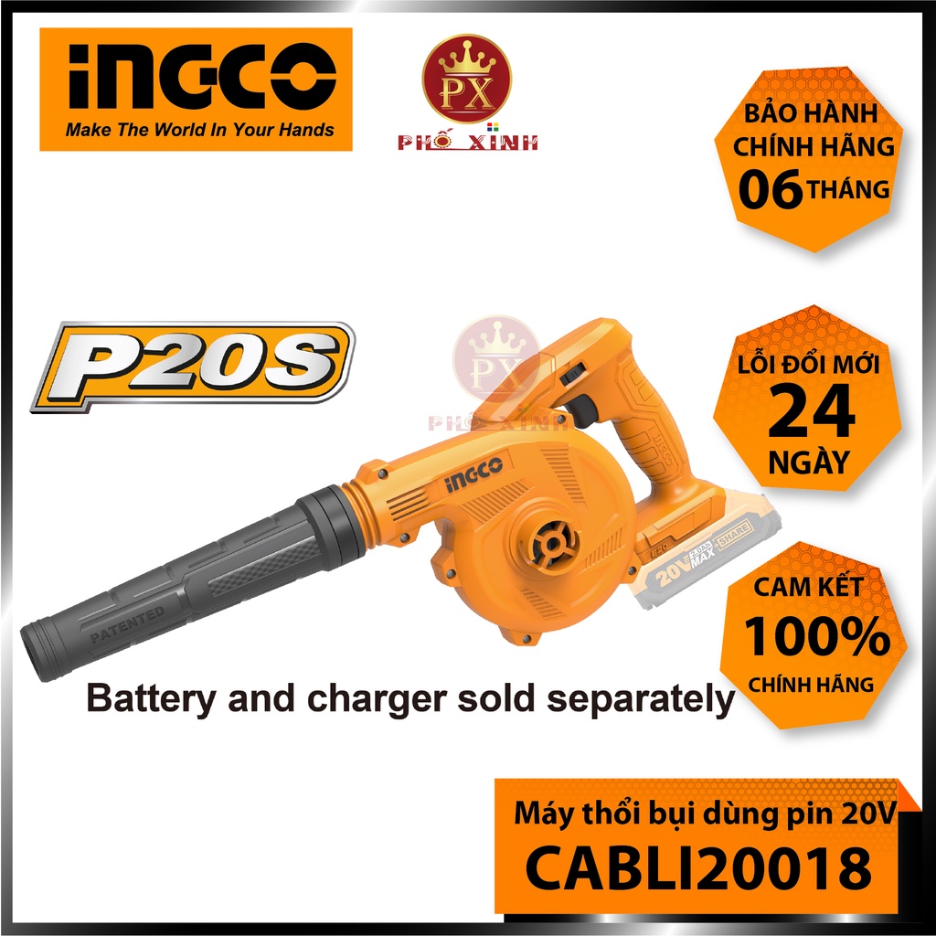 Máy thổi bụi dùng pin INGCO CABLI20018 máy thổi lá cầm tay điện thế pin 20V thổi tối đa: 2.7m3/min chưa bao gồm pin sạc